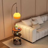 Modern Arched Floor Lamp with Two Tier Wooden Shelves and Gradient Glass Shade for Living Rooms