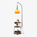 Modern Arched Floor Lamp with Two Tier Wooden Shelves and Gradient Glass Shade for Living Rooms