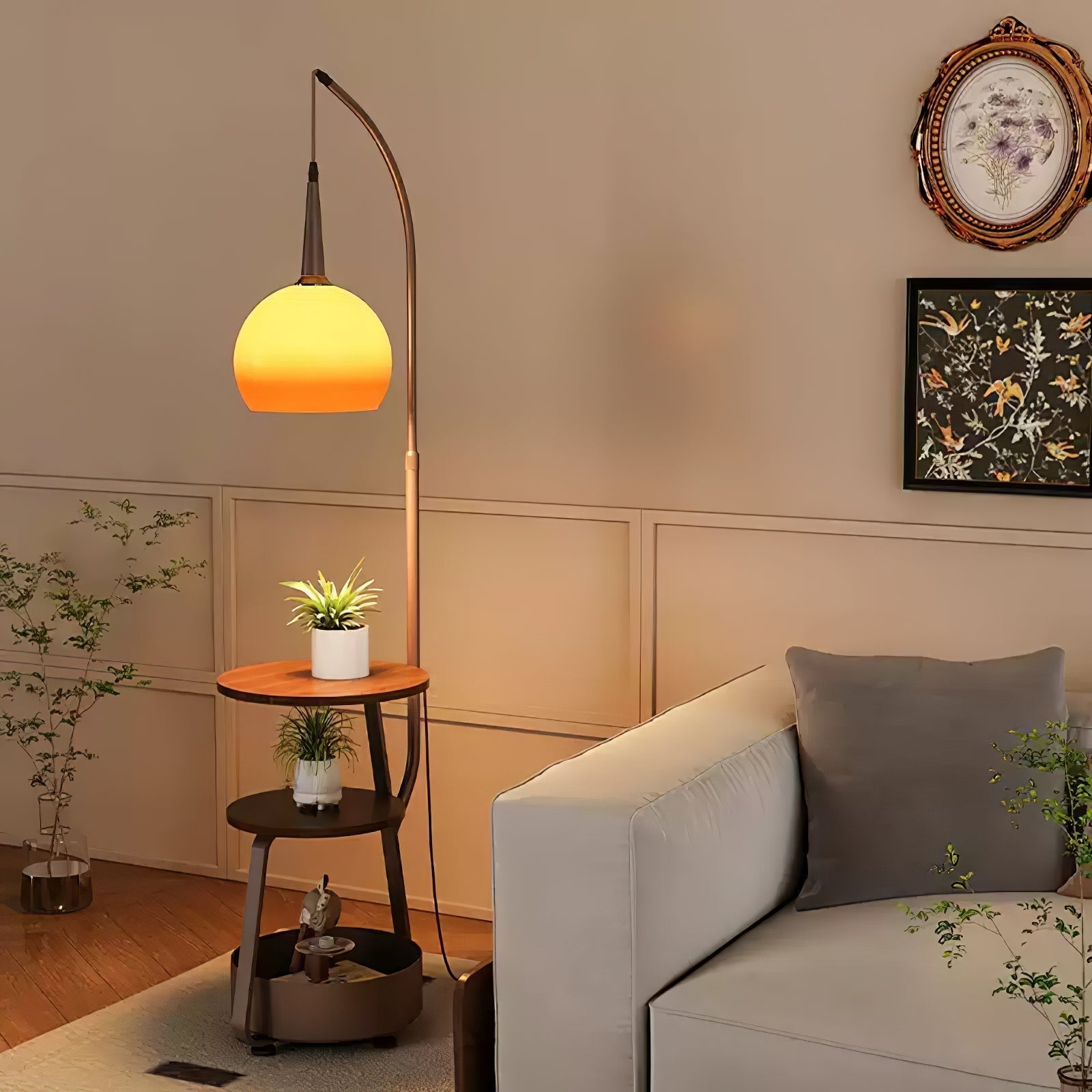 Modern Arched Floor Lamp with Two Tier Wooden Shelves and Gradient Glass Shade for Living Rooms