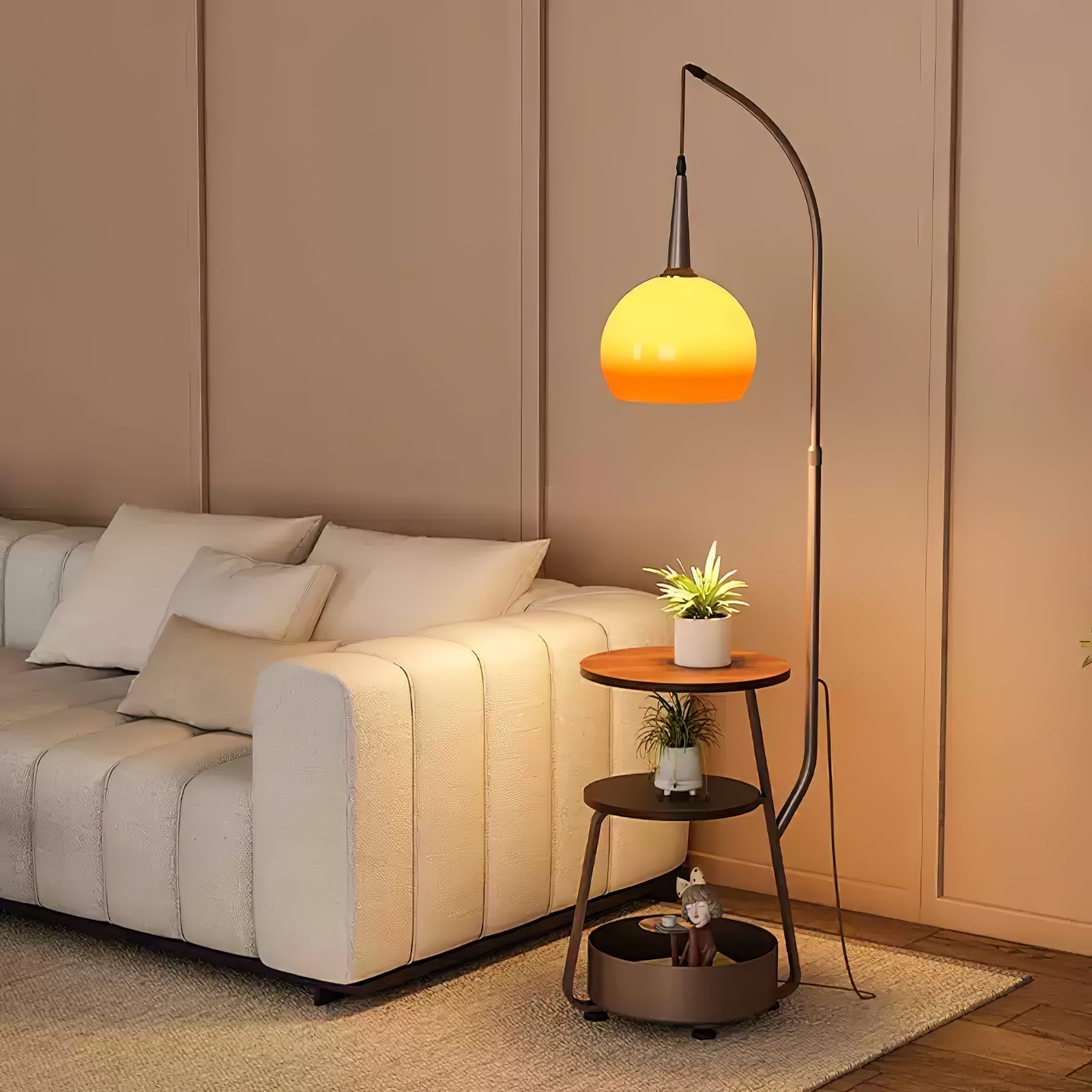 Modern Arched Floor Lamp with Two Tier Wooden Shelves and Gradient Glass Shade for Living Rooms