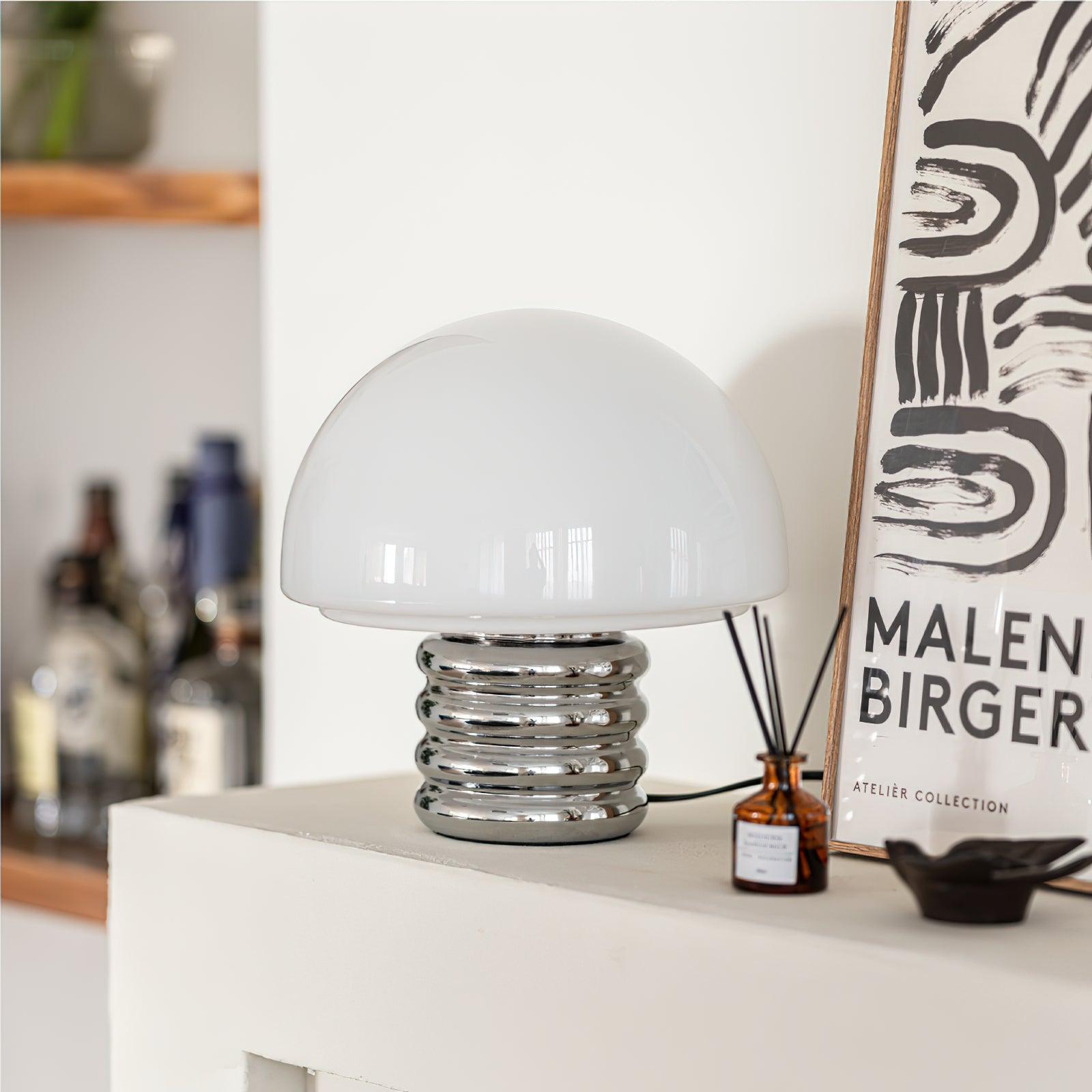 Modern Space Age Mushroom Table Lamp with Chrome Finish and White Glass Shade