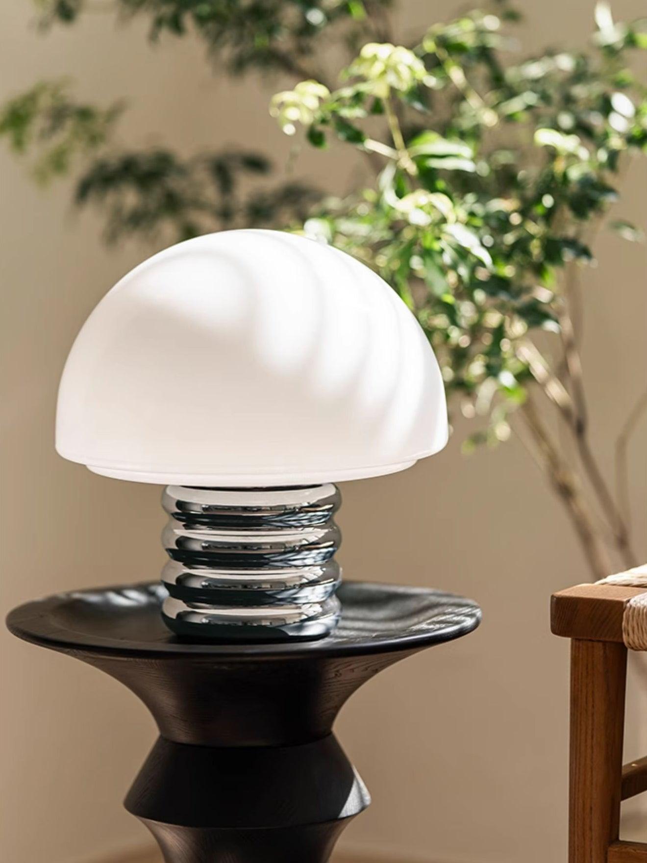 Modern Space Age Mushroom Table Lamp with Chrome Finish and White Glass Shade