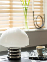 Modern Space Age Mushroom Table Lamp with Chrome Finish and White Glass Shade
