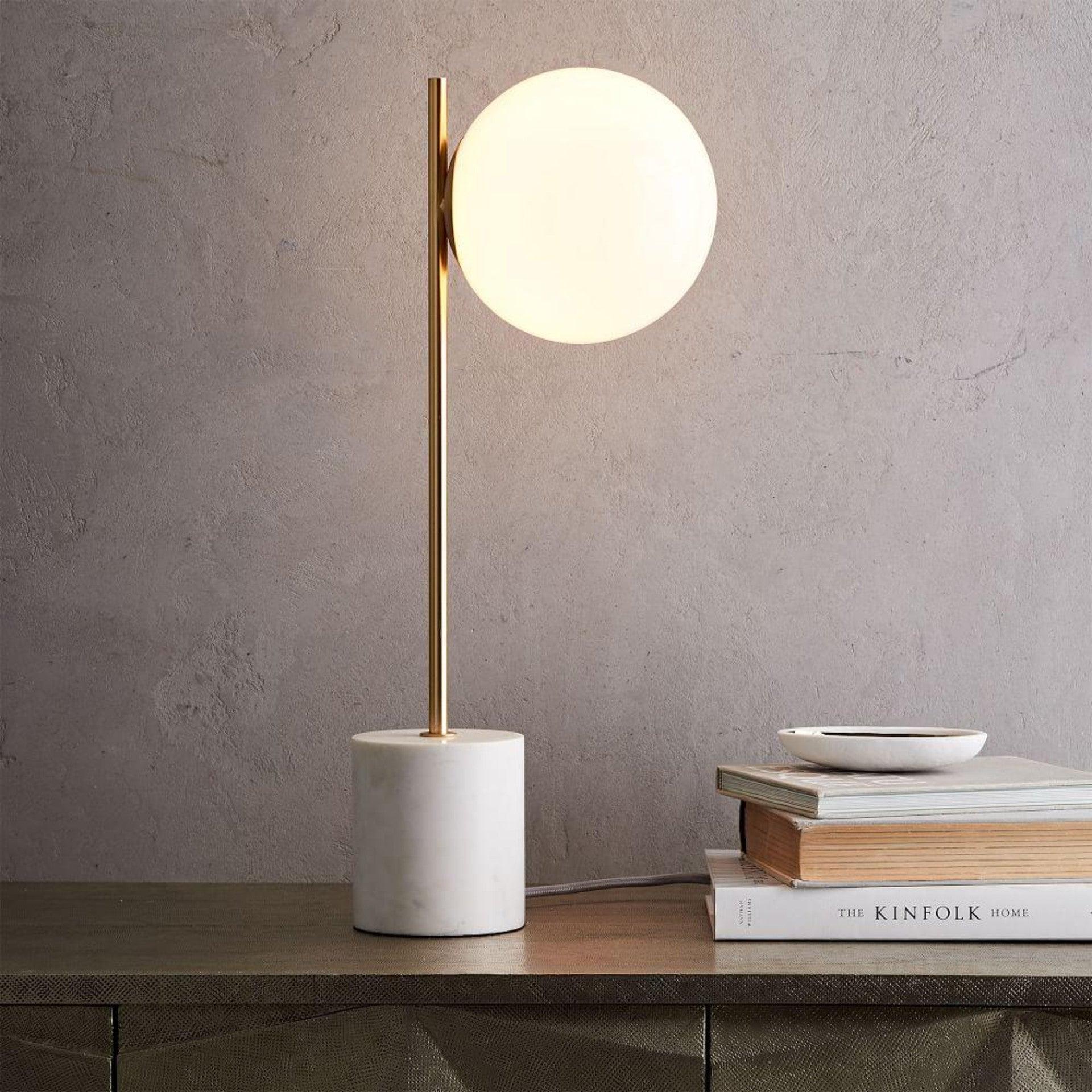 Modern Sphere and Stem Table Lamp with Gold Finish and Marble Base for Elegant Office and Home Lighting