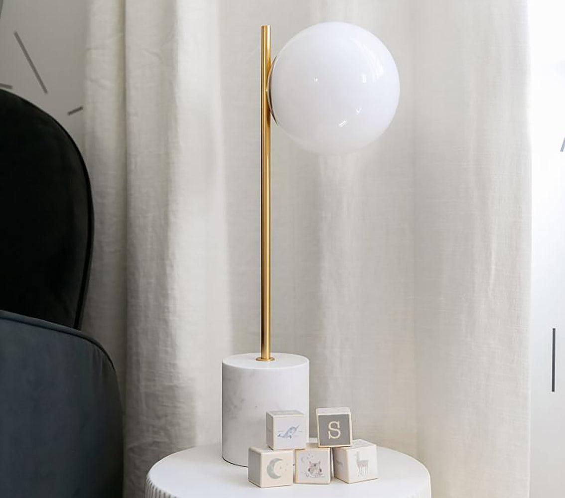 Modern Sphere and Stem Table Lamp with Gold Finish and Marble Base for Elegant Office and Home Lighting