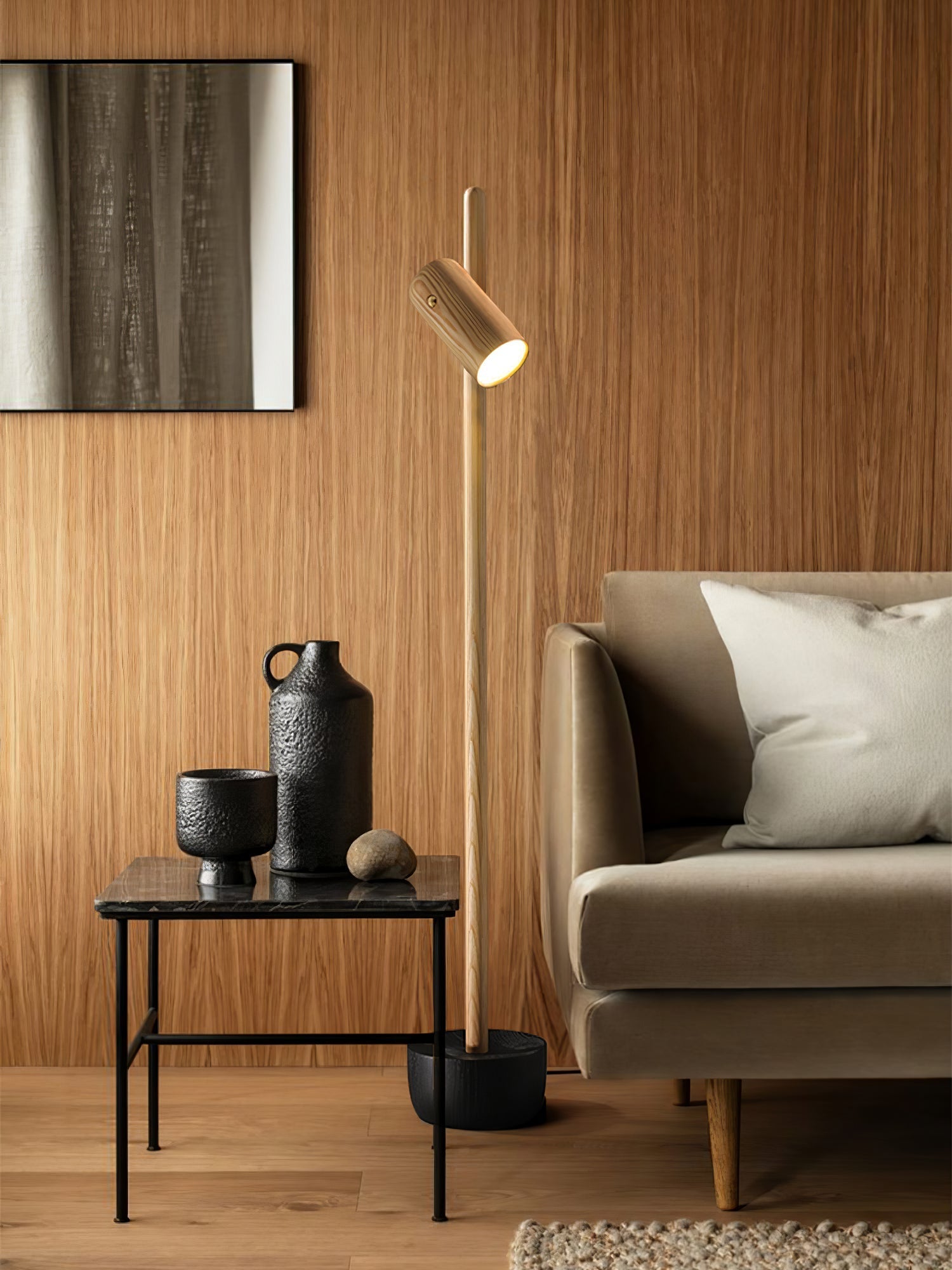Modern Industrial Spotlight Wood Floor Lamp with Adjustable Head and Solid Base