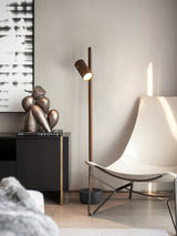 Modern Industrial Spotlight Wood Floor Lamp with Adjustable Head and Solid Base