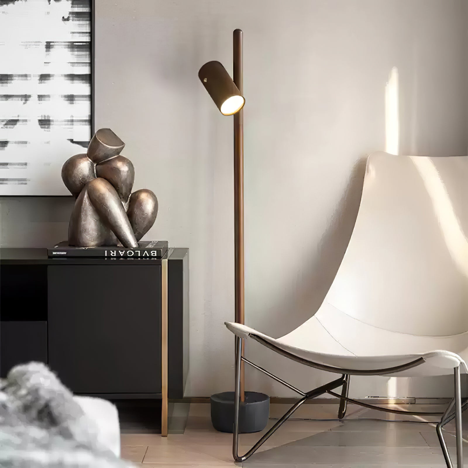 Modern Industrial Spotlight Wood Floor Lamp with Adjustable Head and Solid Base