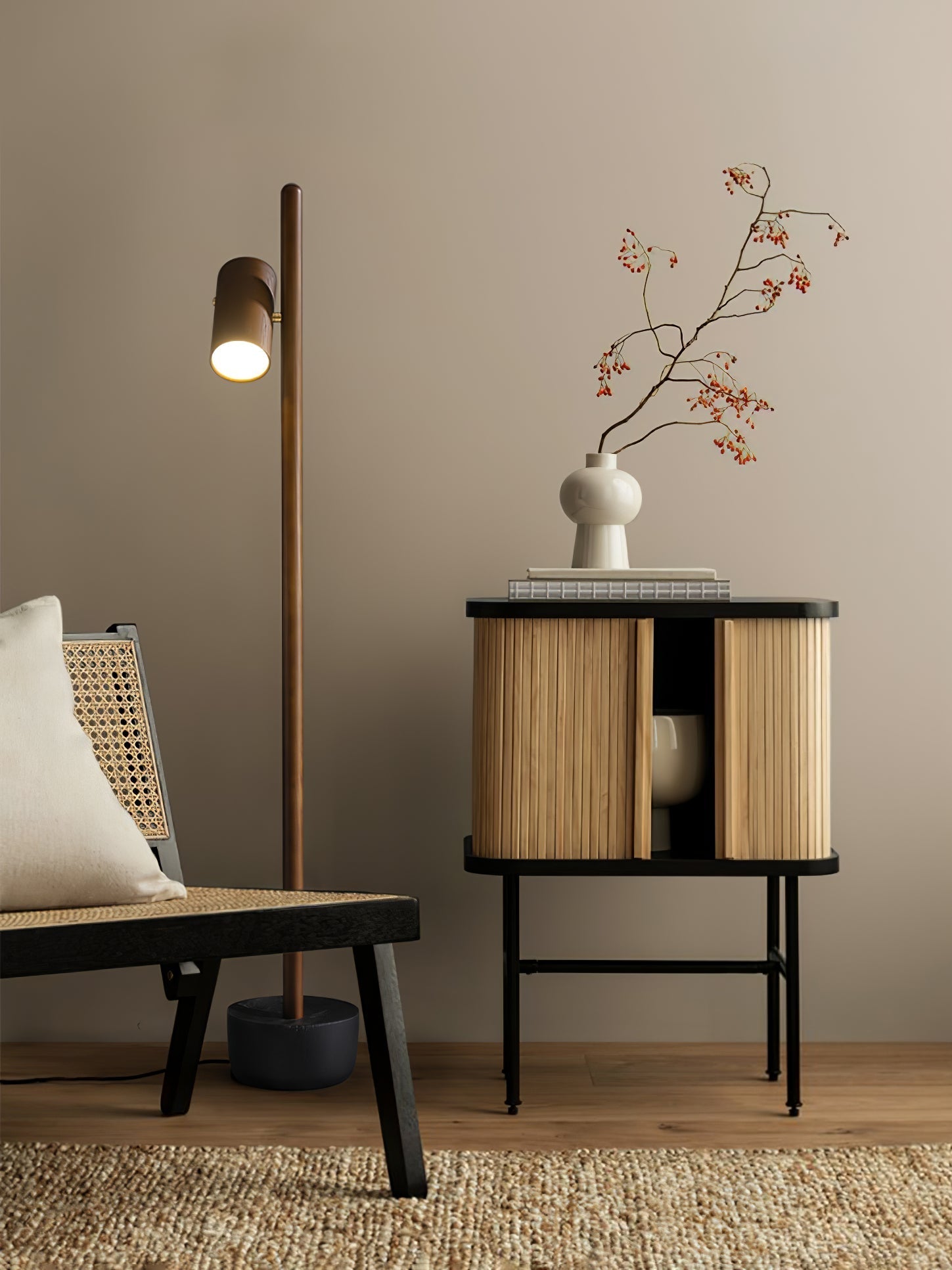 Modern Industrial Spotlight Wood Floor Lamp with Adjustable Head and Solid Base