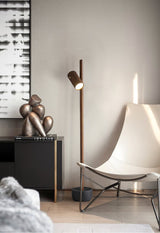 Modern Industrial Spotlight Wood Floor Lamp with Adjustable Head and Solid Base