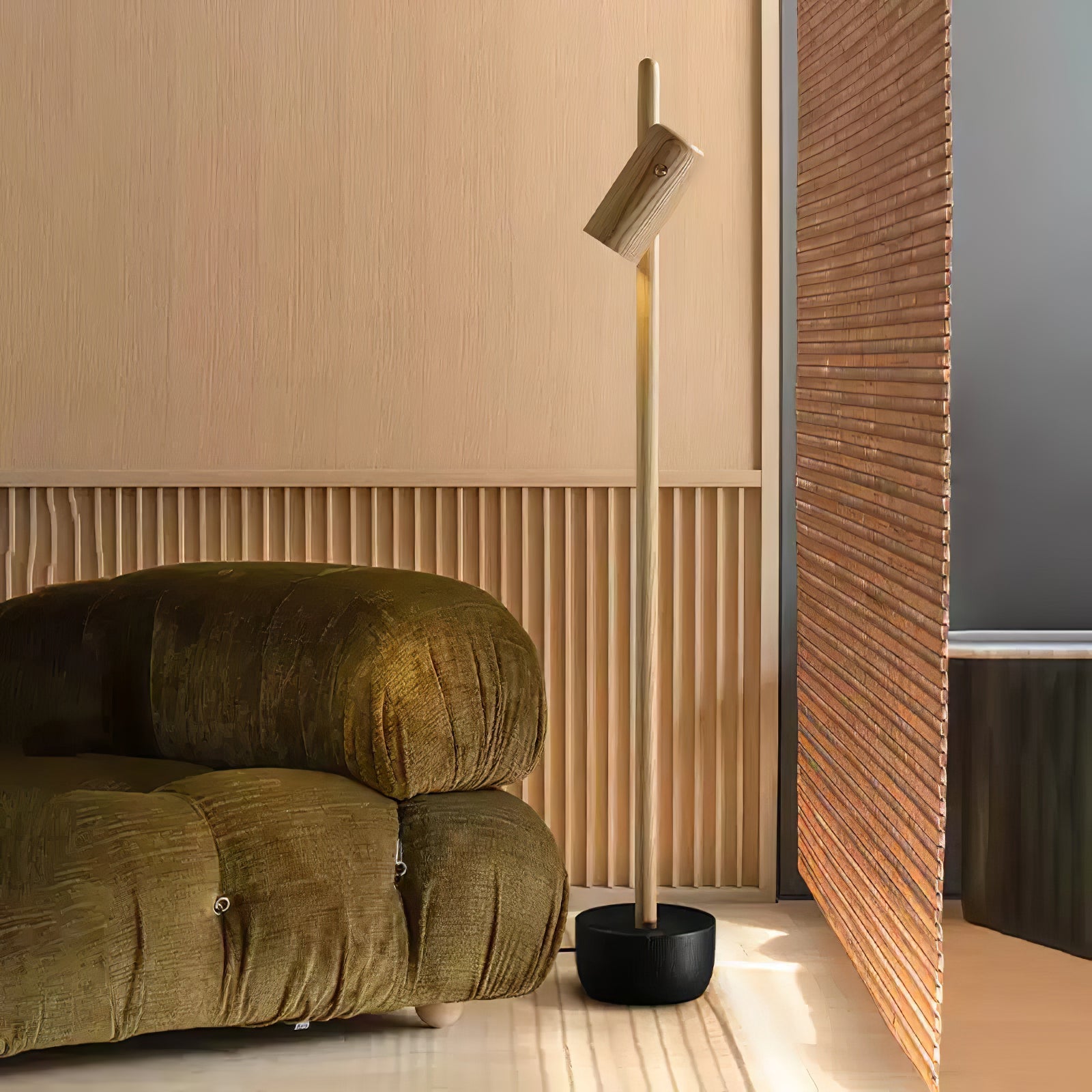 Modern Industrial Spotlight Wood Floor Lamp with Adjustable Head and Solid Base
