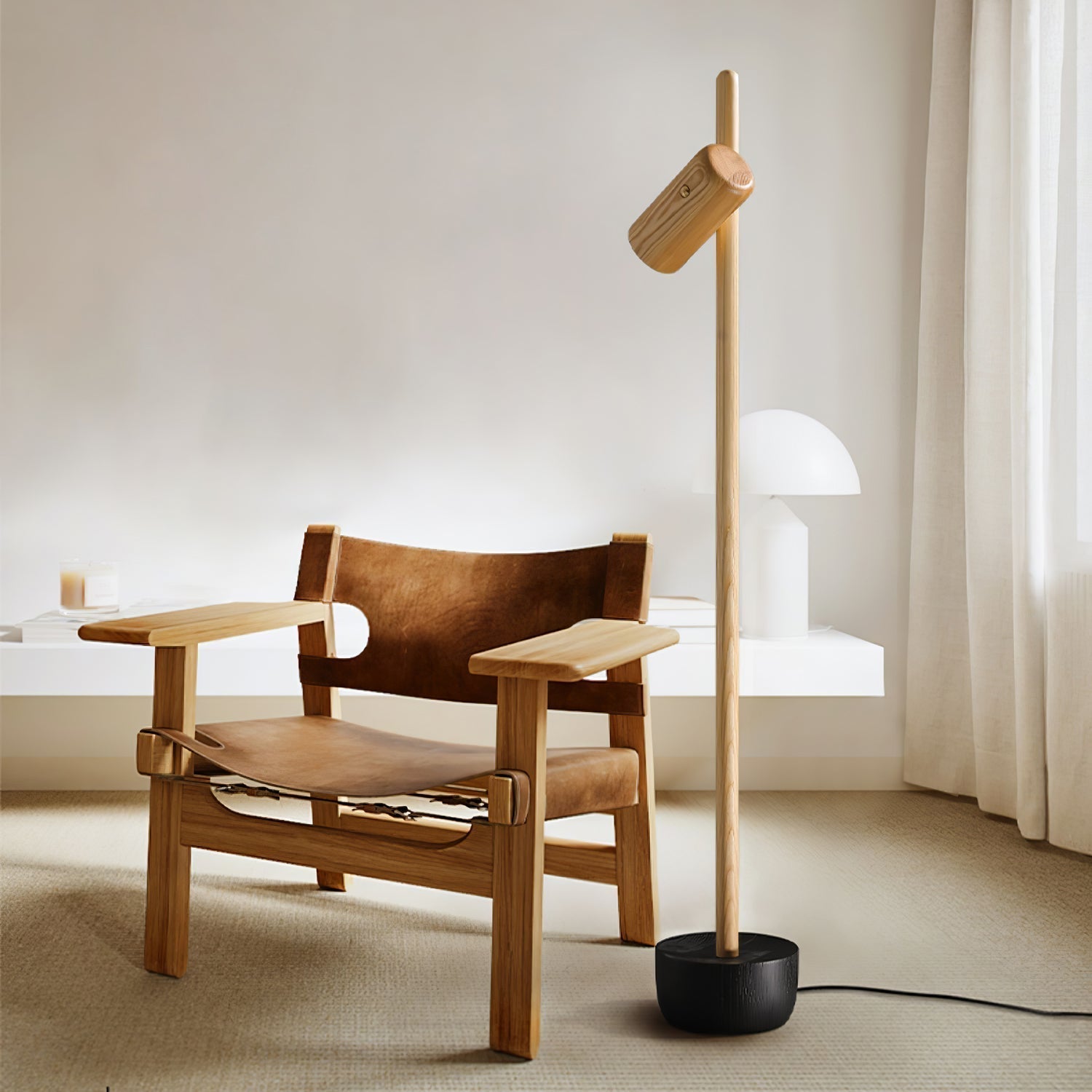 Modern Industrial Spotlight Wood Floor Lamp with Adjustable Head and Solid Base