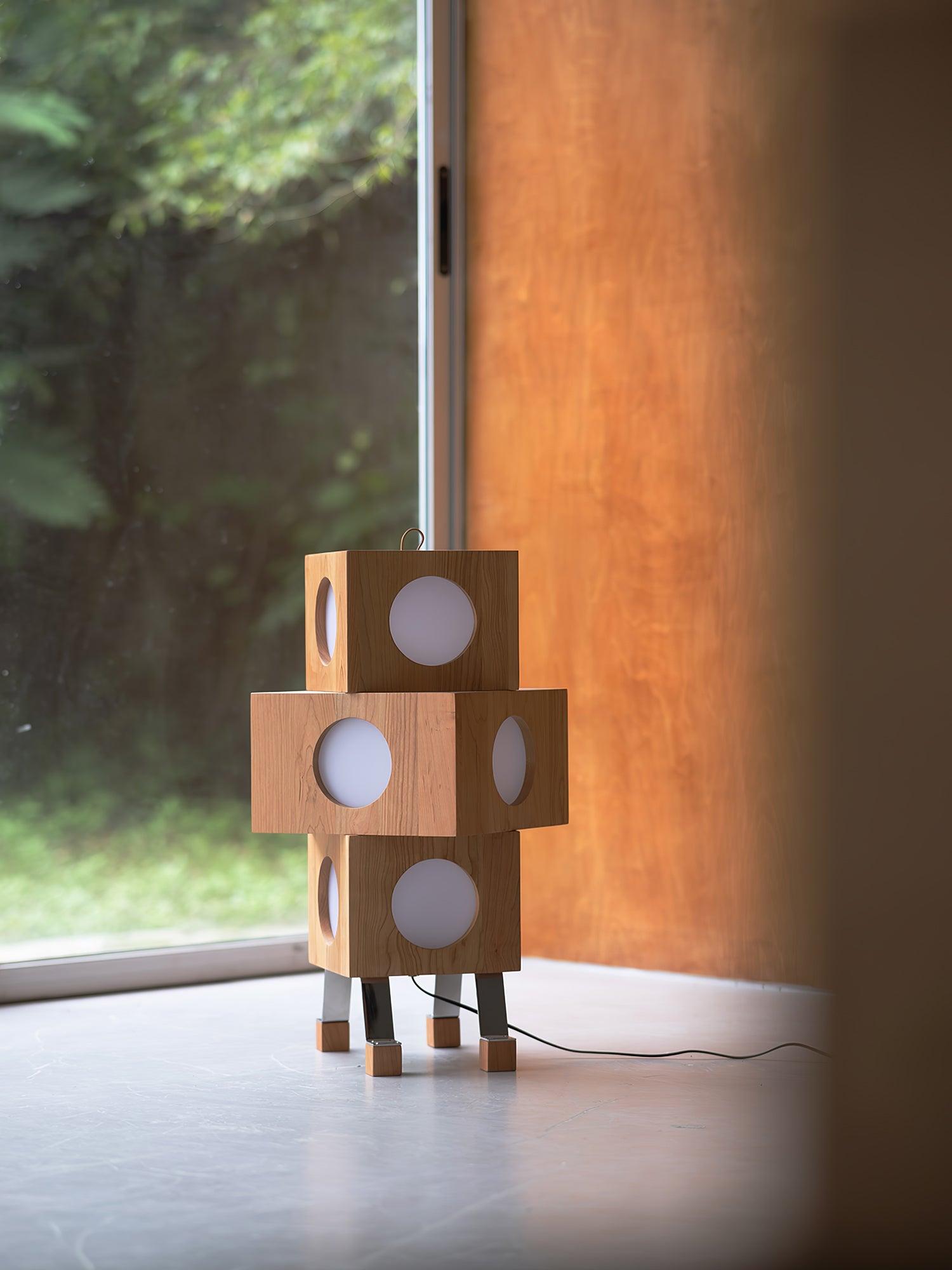 Modern Cherry Wood Square Robot Floor Lamp with Stainless Steel Frame and PC Shade
