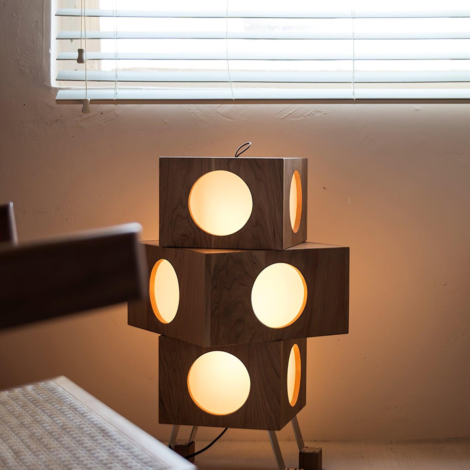 Modern Cherry Wood Square Robot Floor Lamp with Stainless Steel Frame and PC Shade