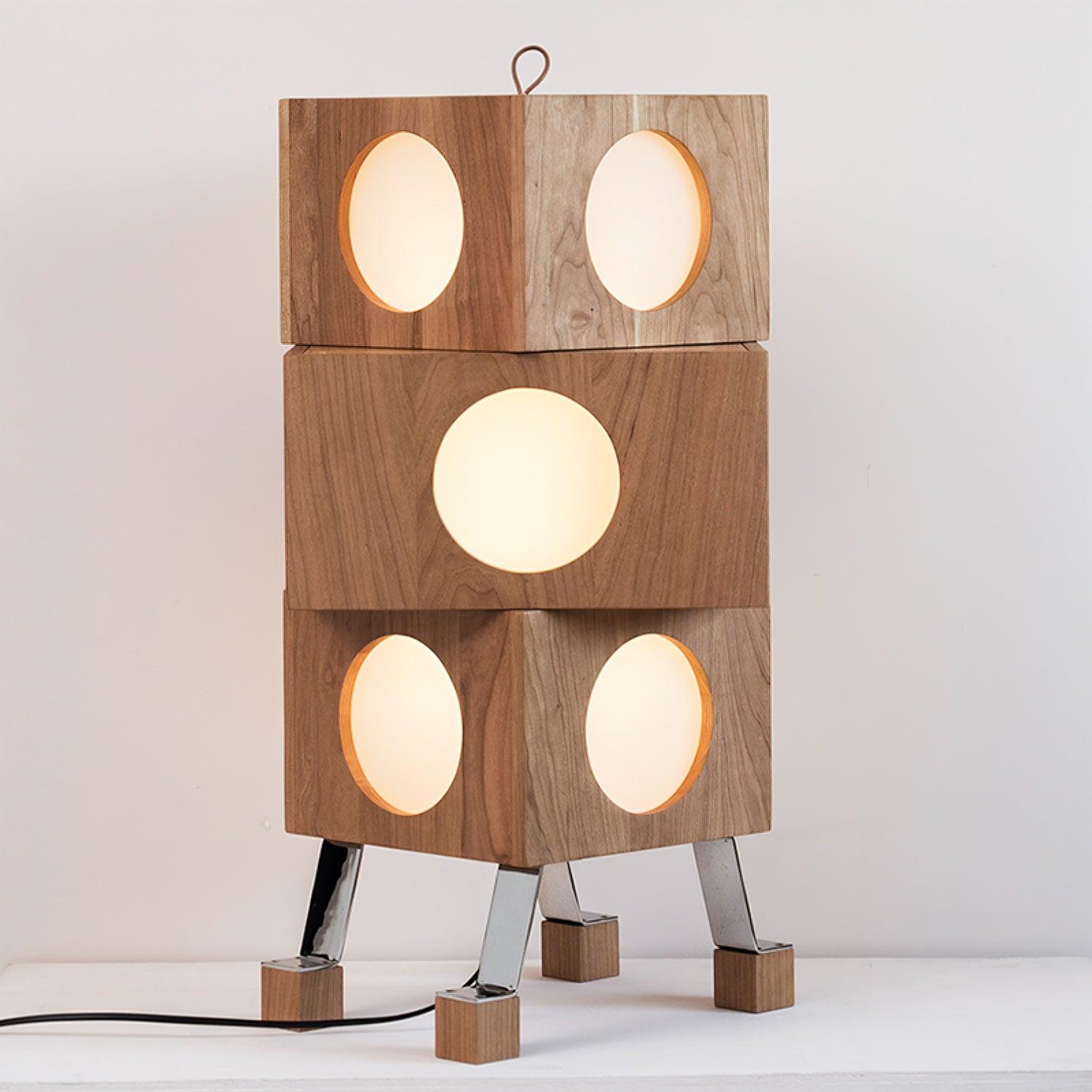 Modern Cherry Wood Square Robot Floor Lamp with Stainless Steel Frame and PC Shade