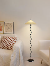 Modern Wavy Squiggle Tall Floor Lamp with Pleated Fabric Shade and Metal Base