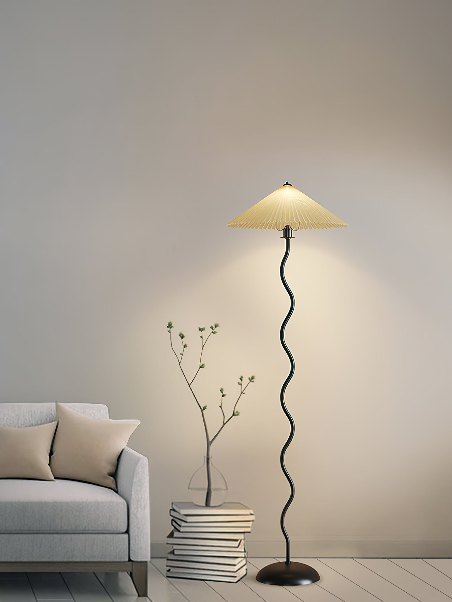 Modern Wavy Squiggle Tall Floor Lamp with Pleated Fabric Shade and Metal Base