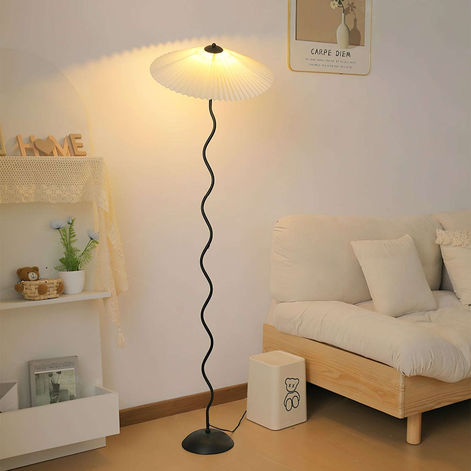 Modern Wavy Squiggle Tall Floor Lamp with Pleated Fabric Shade and Metal Base