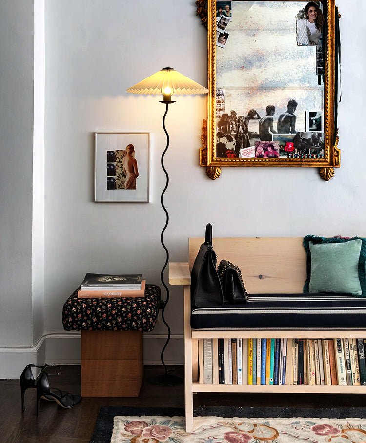 Modern Wavy Squiggle Tall Floor Lamp with Pleated Fabric Shade and Metal Base