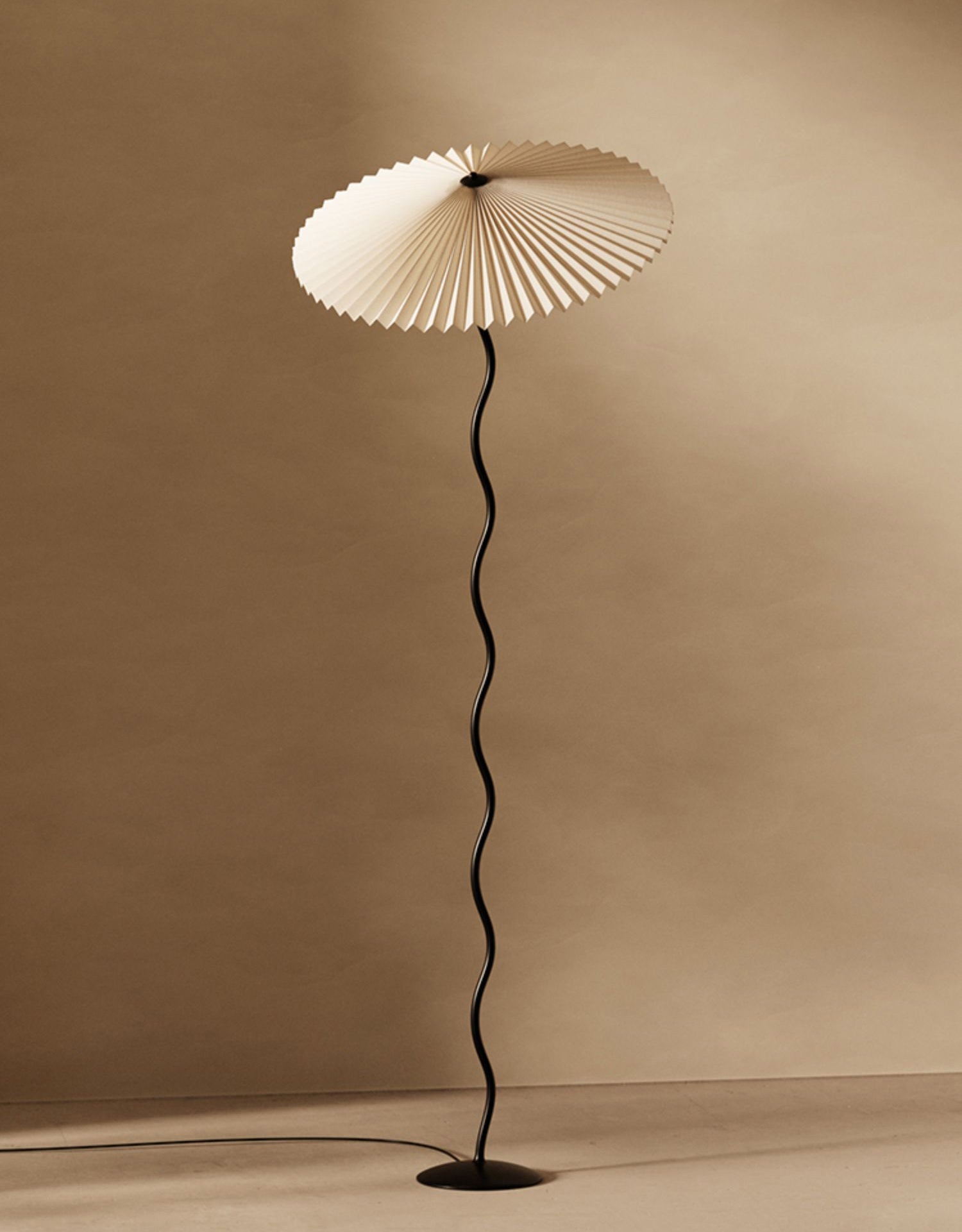 Modern Wavy Squiggle Tall Floor Lamp with Pleated Fabric Shade and Metal Base