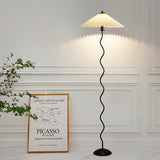 Modern Wavy Squiggle Tall Floor Lamp with Pleated Fabric Shade and Metal Base