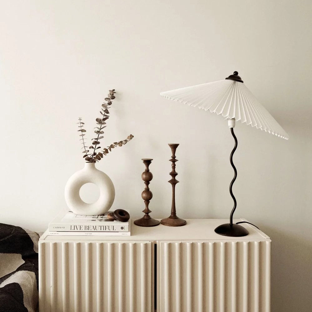 Modern Pleated Fabric Table Lamp with Nordic Wavy Metal Stem for Bedroom Living Room