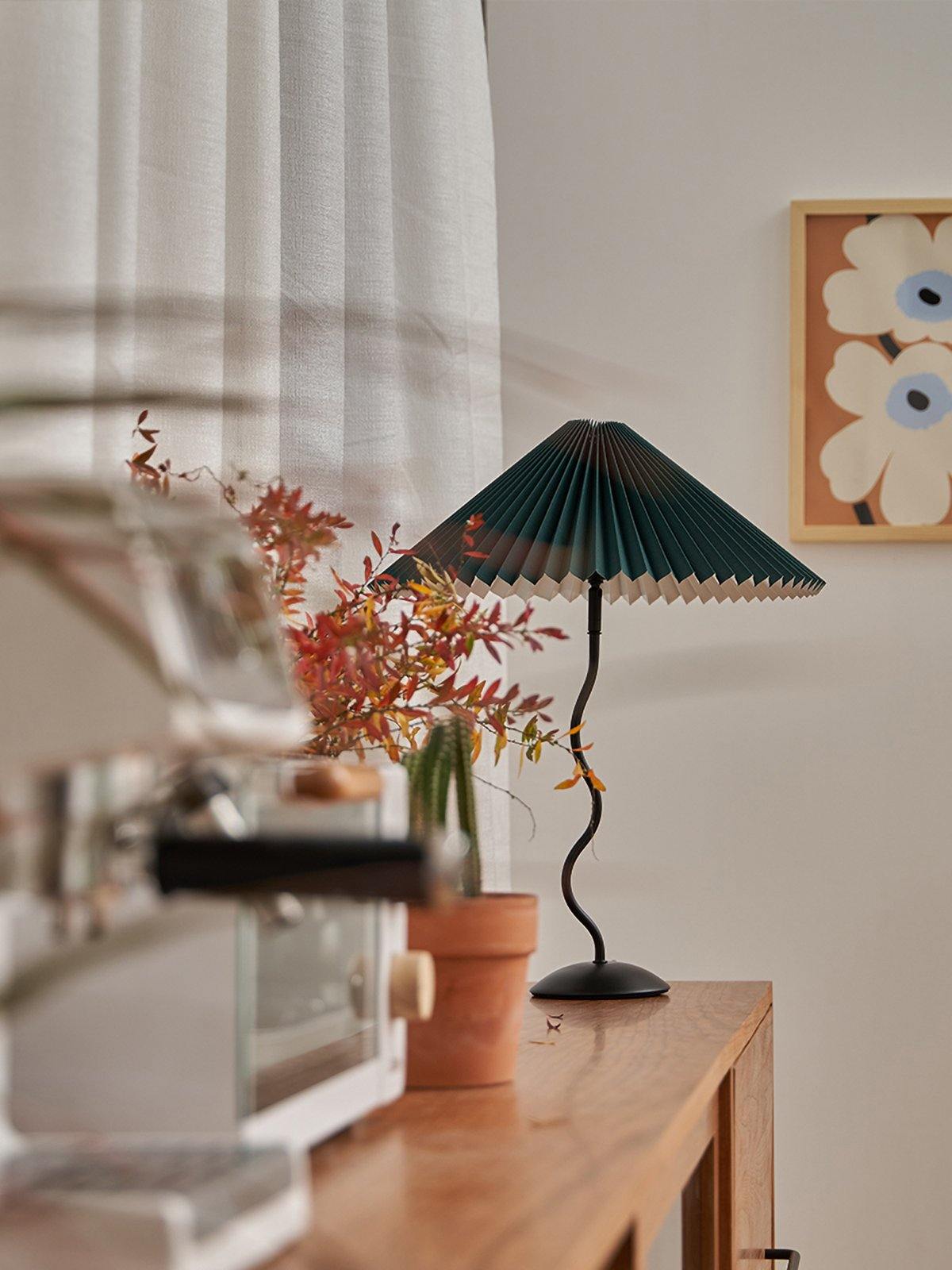 Modern Pleated Fabric Table Lamp with Nordic Wavy Metal Stem for Bedroom Living Room