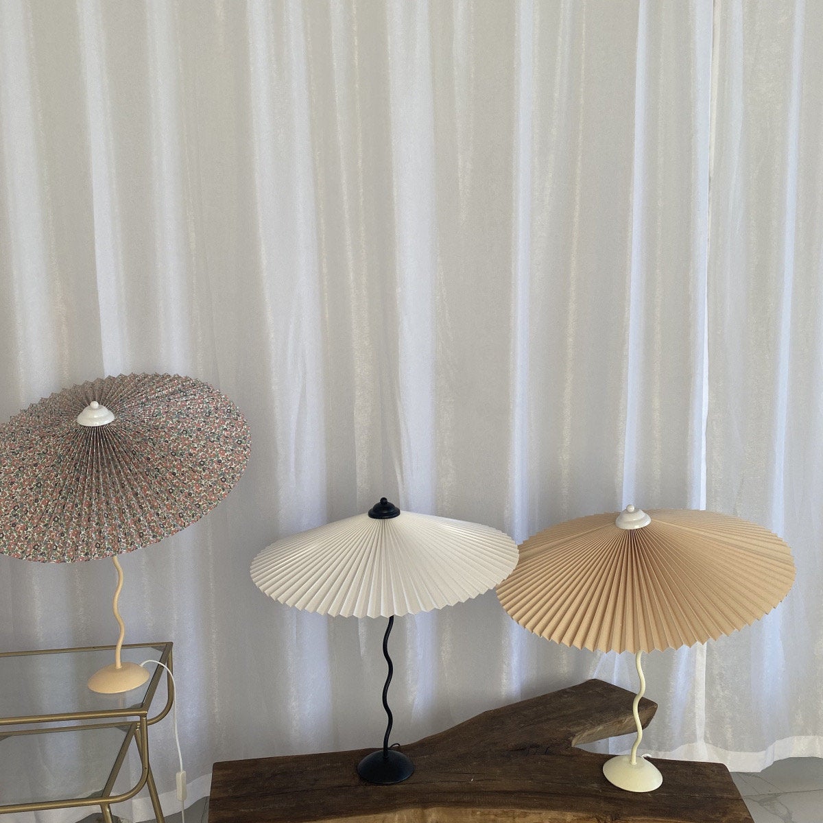 Modern Pleated Fabric Table Lamp with Nordic Wavy Metal Stem for Bedroom Living Room
