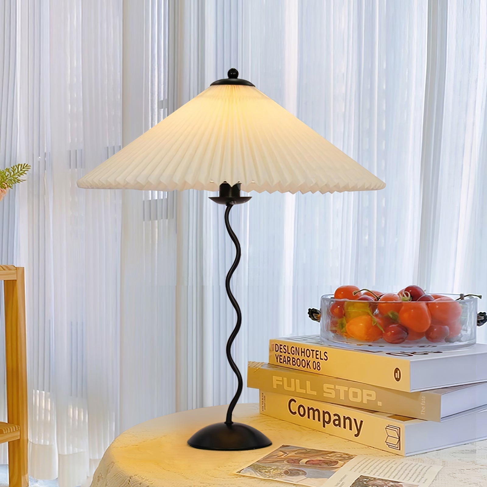 Modern Pleated Fabric Table Lamp with Nordic Wavy Metal Stem for Bedroom Living Room