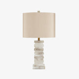 Modern Stacked Alabaster Stone Table Lamp with Rectangular Fabric Shade