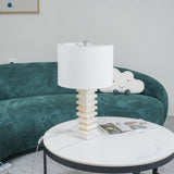 Modern Stacked Alabaster Stone Table Lamp with Rectangular Fabric Shade