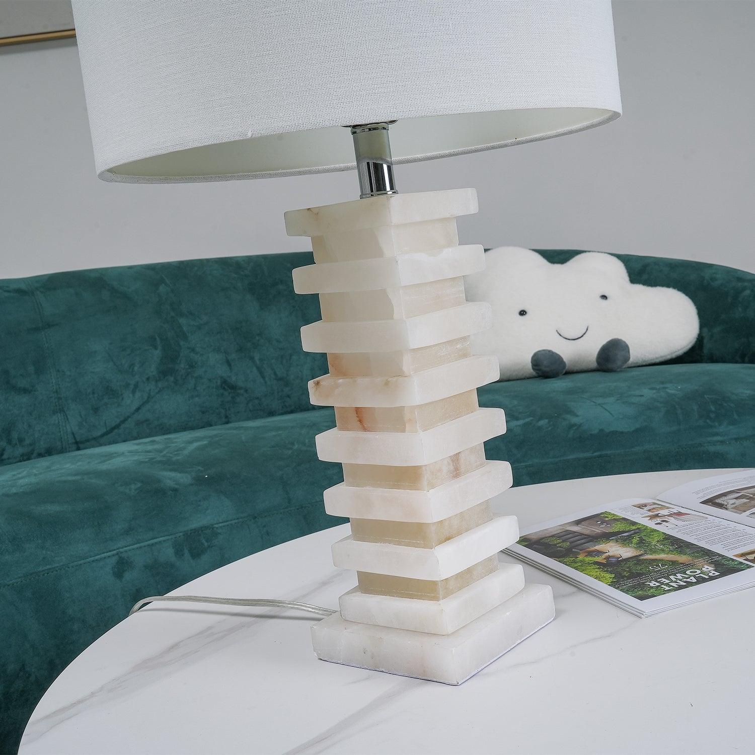 Modern Stacked Alabaster Stone Table Lamp with Rectangular Fabric Shade