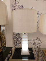 Modern Stacked Alabaster Stone Table Lamp with Rectangular Fabric Shade