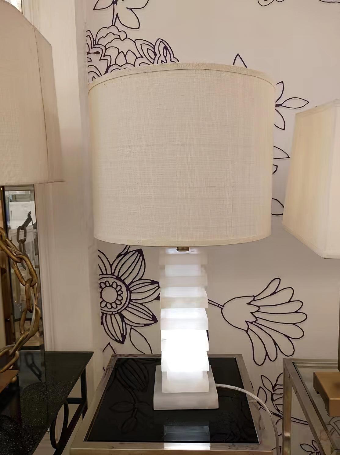 Modern Stacked Alabaster Stone Table Lamp with Rectangular Fabric Shade