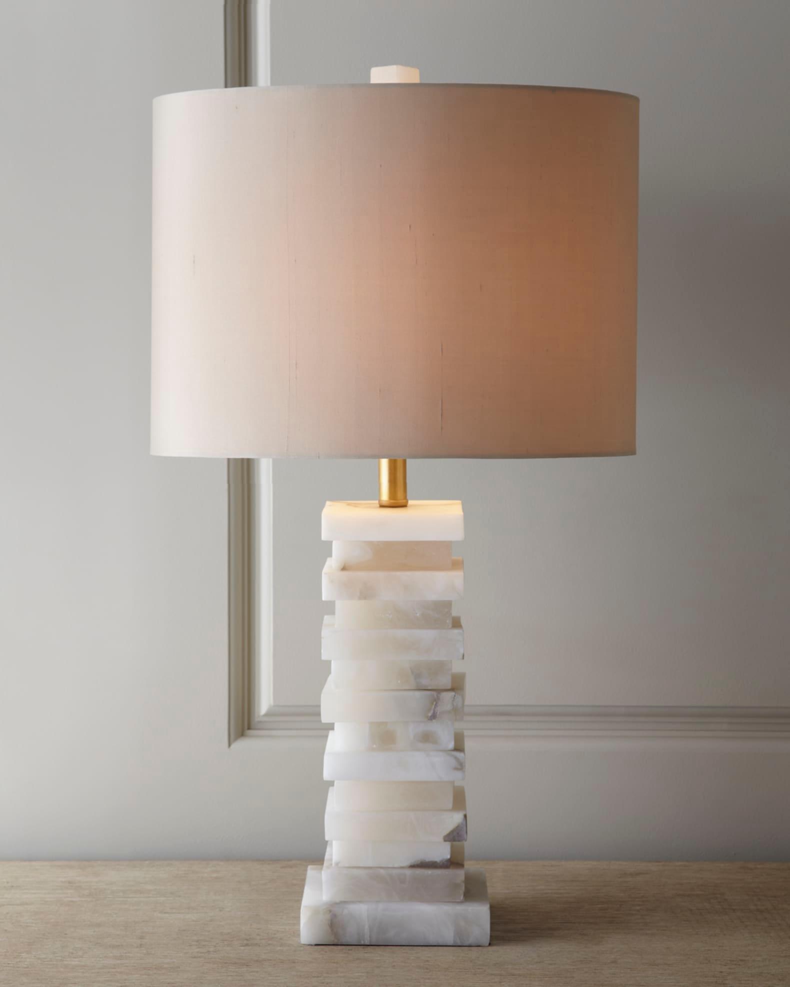 Modern Stacked Alabaster Stone Table Lamp with Rectangular Fabric Shade