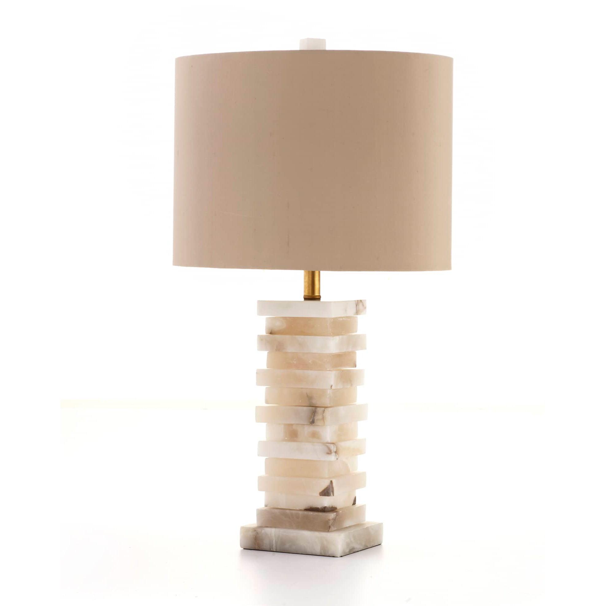 Modern Stacked Alabaster Stone Table Lamp with Rectangular Fabric Shade