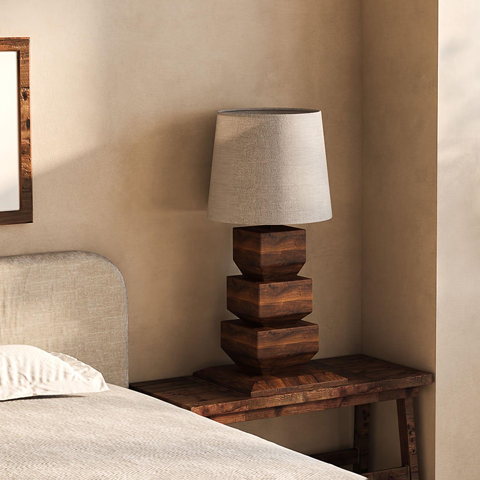 Modern Stacked Wooden Geometric Table Lamp with White Fabric Shade for Bedroom and Office