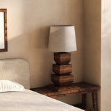 Modern Stacked Wooden Geometric Table Lamp with White Fabric Shade for Bedroom and Office