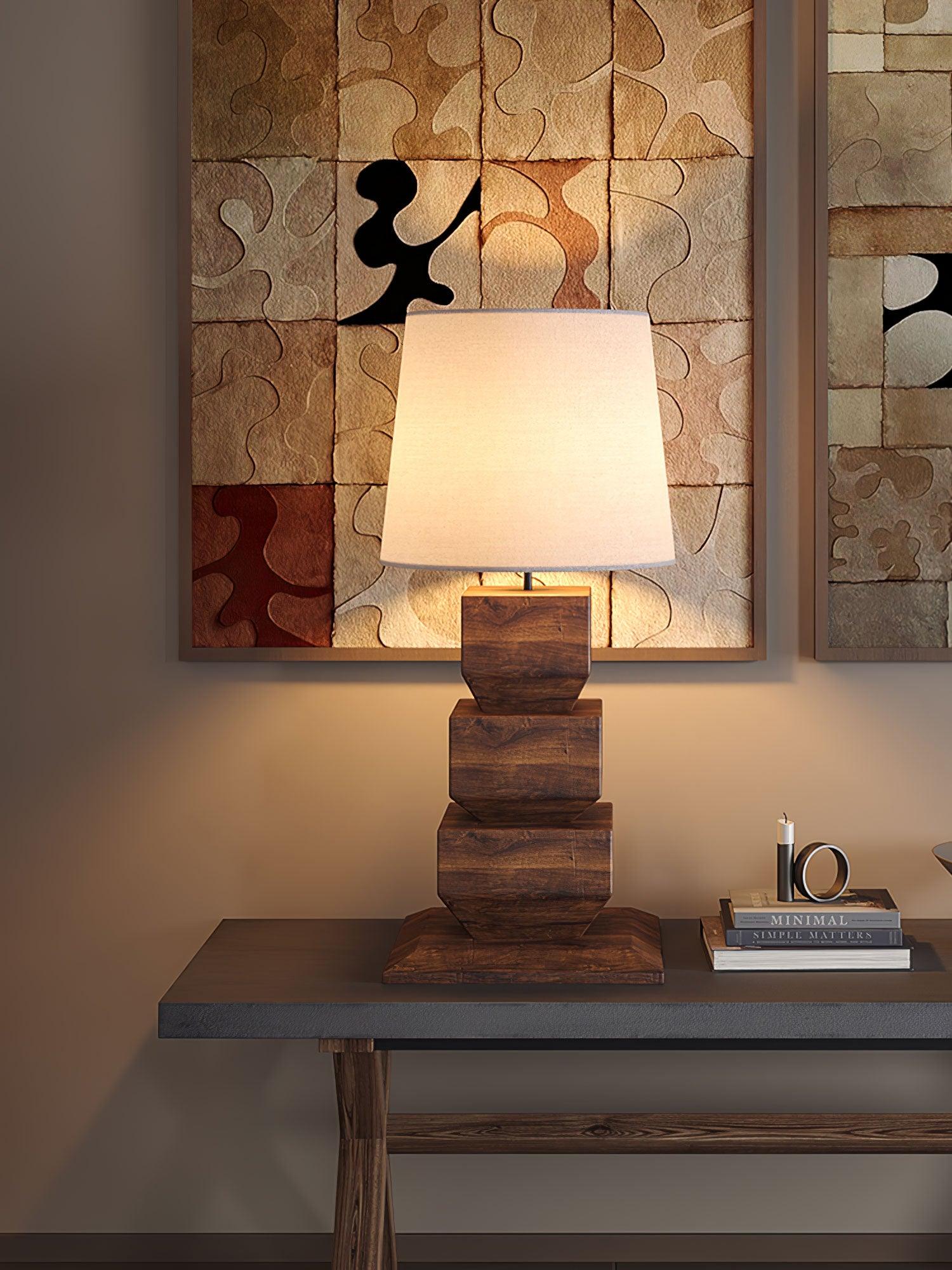 Modern Stacked Wooden Geometric Table Lamp with White Fabric Shade for Bedroom and Office