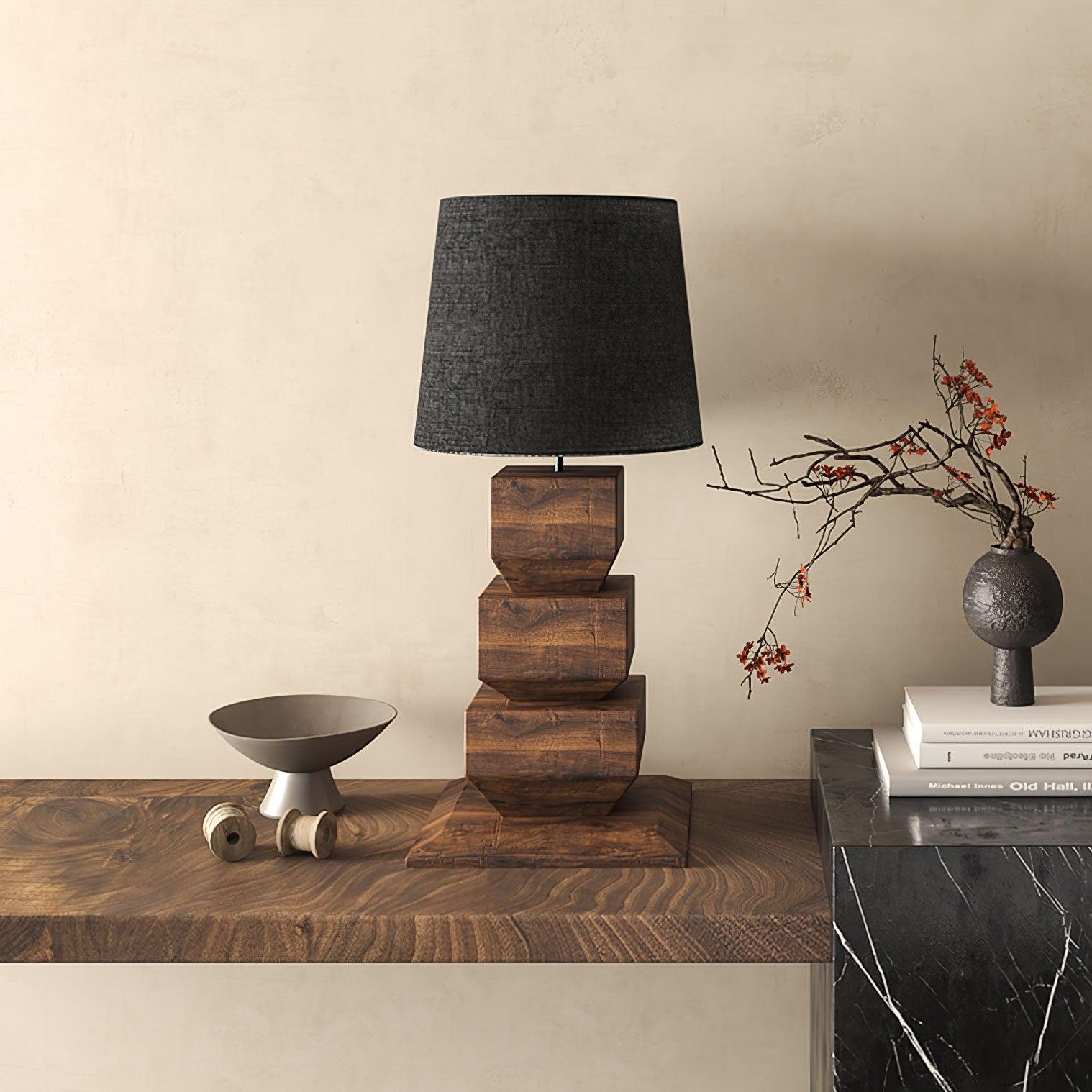 Modern Stacked Wooden Geometric Table Lamp with White Fabric Shade for Bedroom and Office