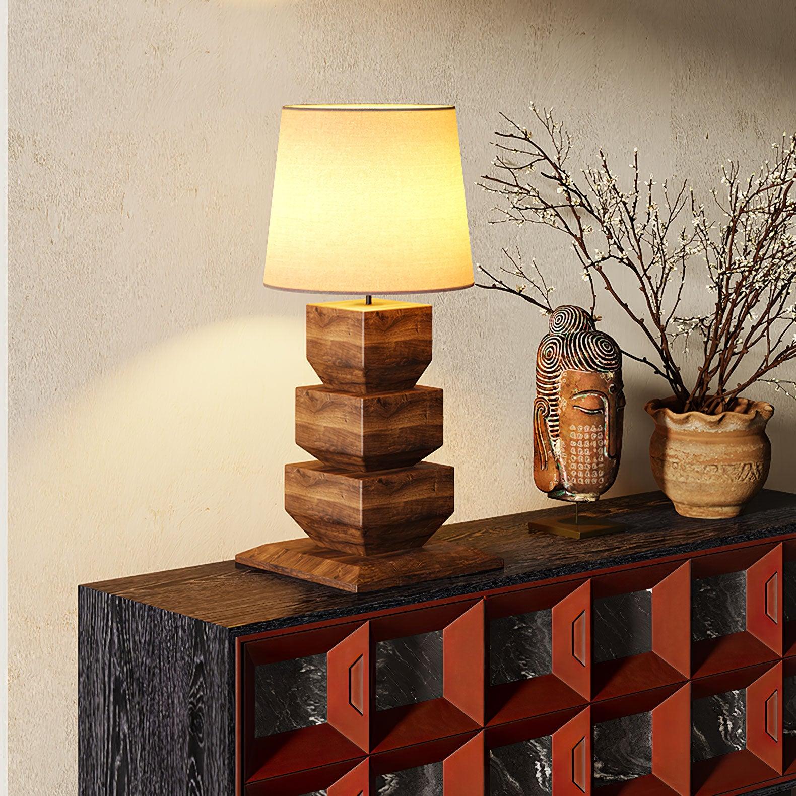 Modern Stacked Wooden Geometric Table Lamp with White Fabric Shade for Bedroom and Office