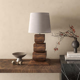 Modern Stacked Wooden Geometric Table Lamp with White Fabric Shade for Bedroom and Office