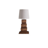 Modern Stacked Wooden Geometric Table Lamp with White Fabric Shade for Bedroom and Office