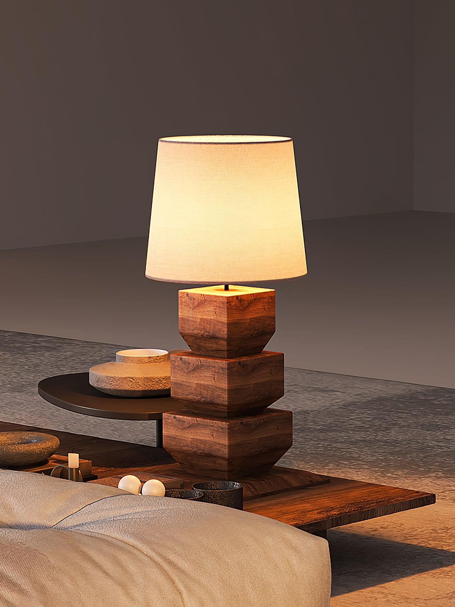 Modern Stacked Wooden Geometric Table Lamp with White Fabric Shade for Bedroom and Office