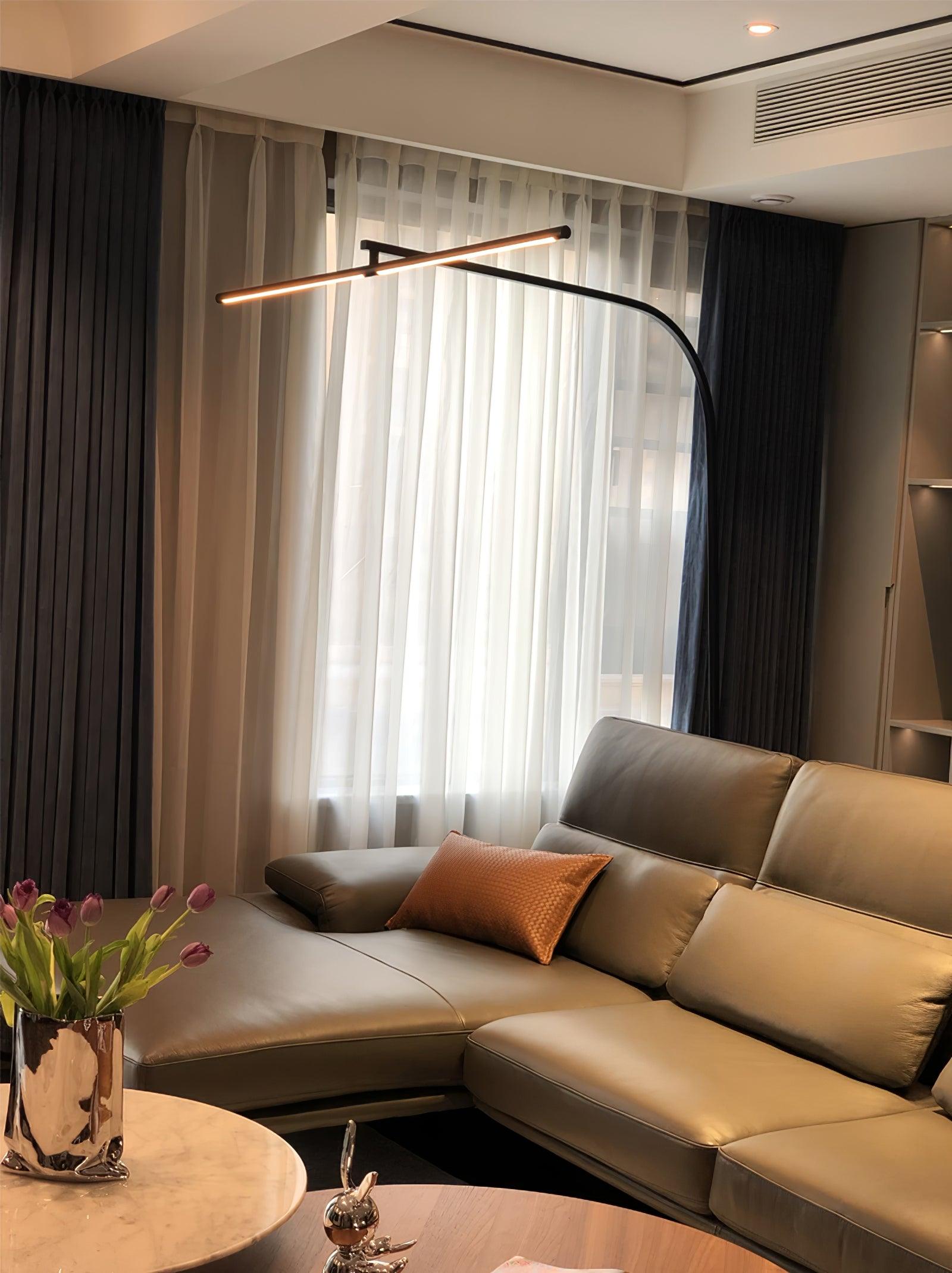 Modern Stealth LED Arc Floor Lamp with Rotating Arm for Minimalist Living Room Decor