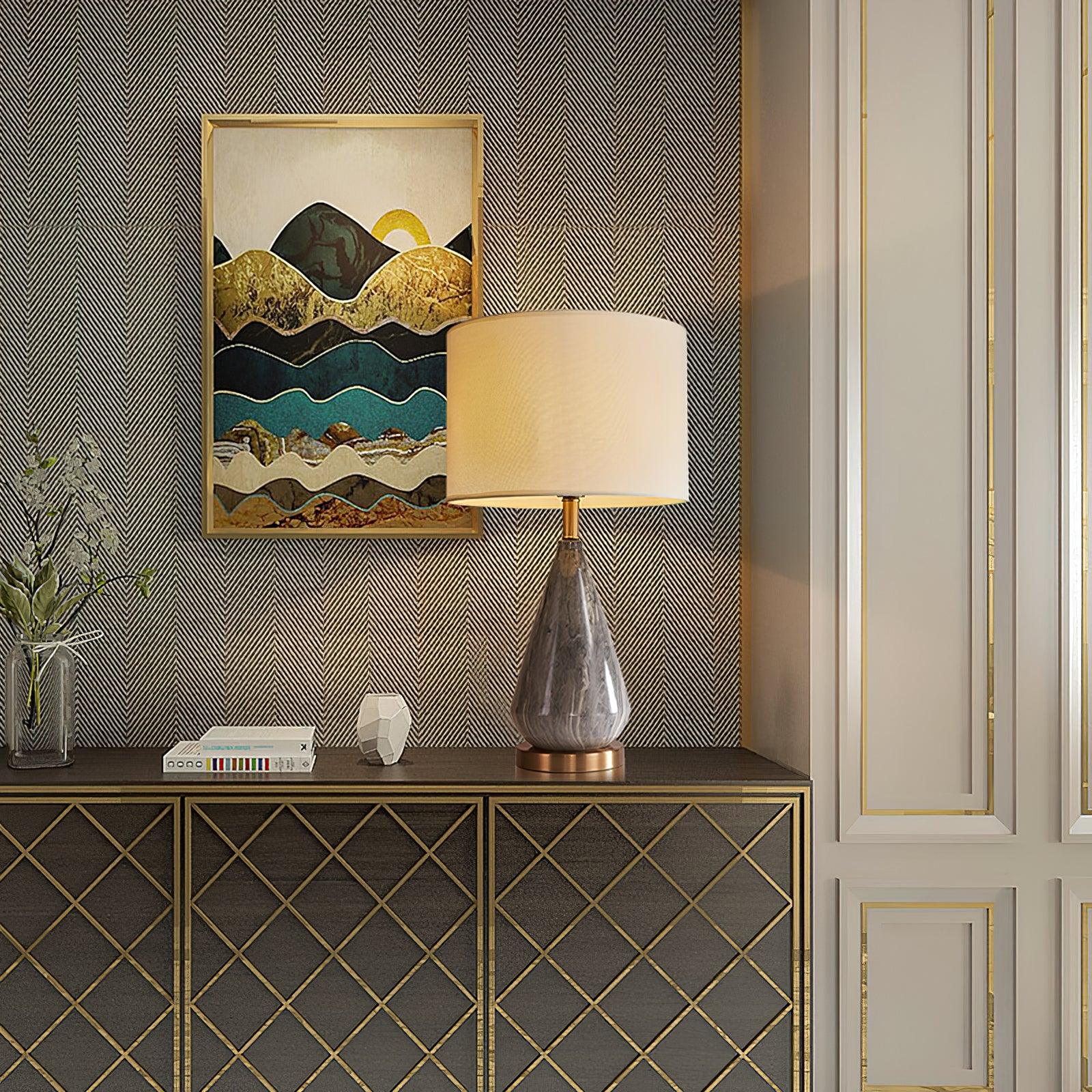 White Marble Geometric Diamond Table Lamp with White Fabric Shade and Copper Accents