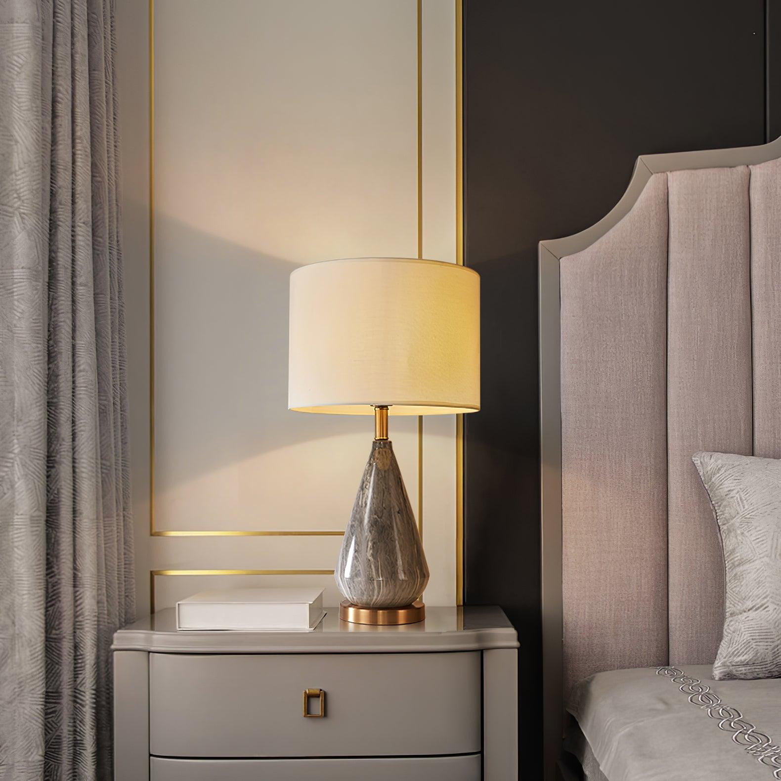 White Marble Geometric Diamond Table Lamp with White Fabric Shade and Copper Accents