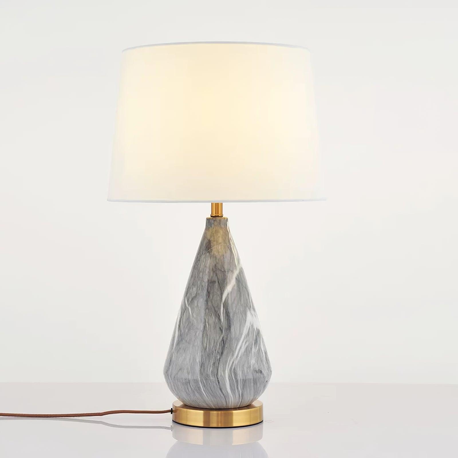 White Marble Geometric Diamond Table Lamp with White Fabric Shade and Copper Accents
