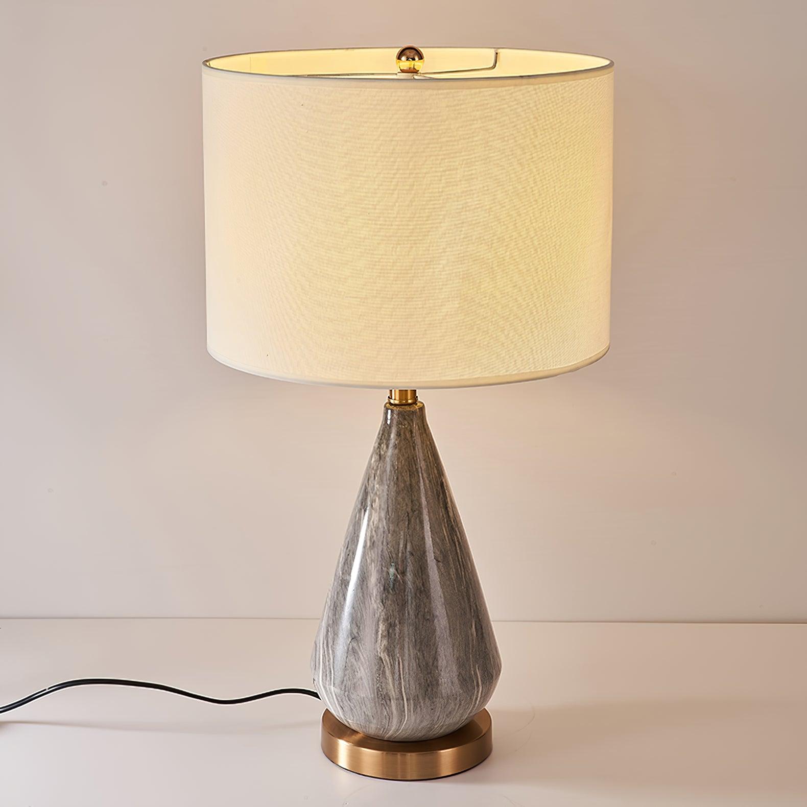 White Marble Geometric Diamond Table Lamp with White Fabric Shade and Copper Accents