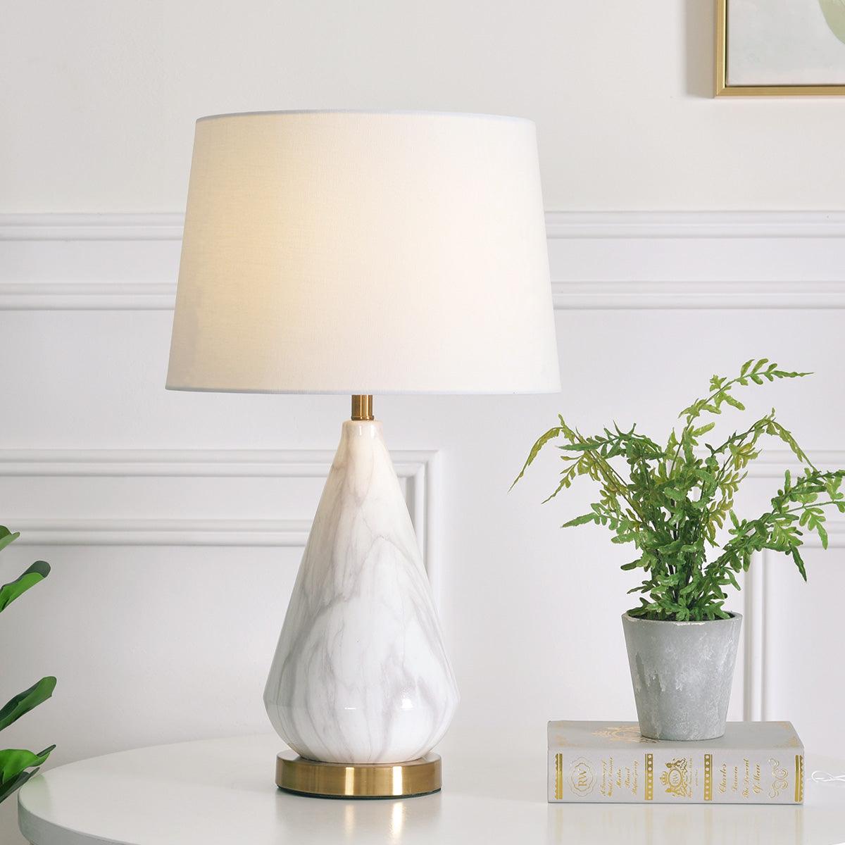 White Marble Geometric Diamond Table Lamp with White Fabric Shade and Copper Accents
